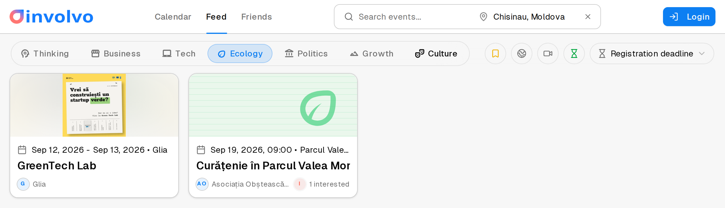 The filter bar with the Ecology topic selected and the location set to Chisinau, Moldova, narrowing the feed to two events