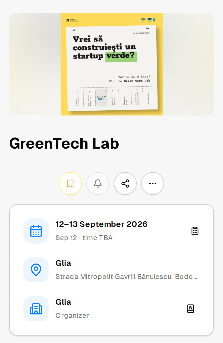 The top of an event page: cover image, title, the save, reminder and share controls, and a card with the dates, the venue and the organizing organization