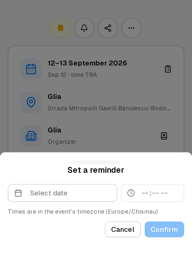 An event with the save control filled in, and the Set a reminder dialog open below it asking for a date and a time in the event's timezone