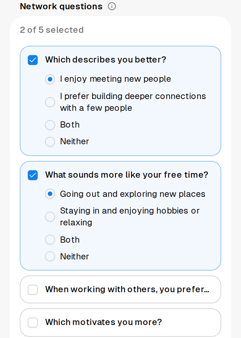 The network questions picker showing two of five questions selected, each expanded with its four answer options, and the remaining questions collapsed below