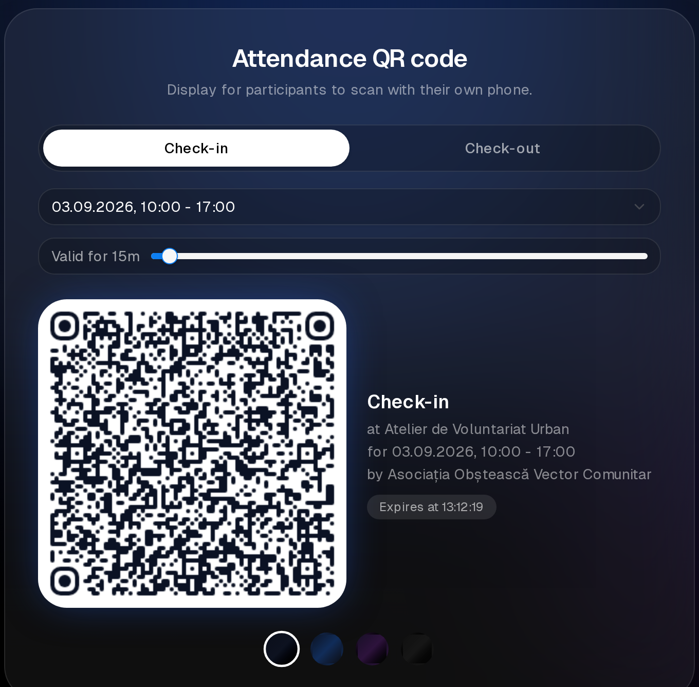 The organizer's attendance QR display, set to check-in for one time slot, with how long the code stays valid and when it expires